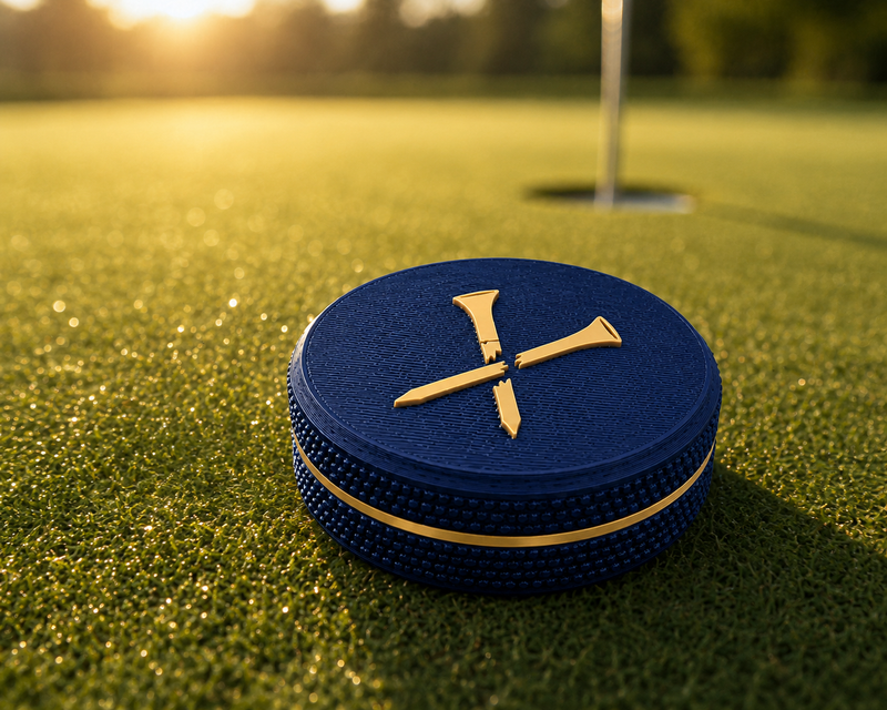 Blue container with gold accents on a golf course - MarloTins